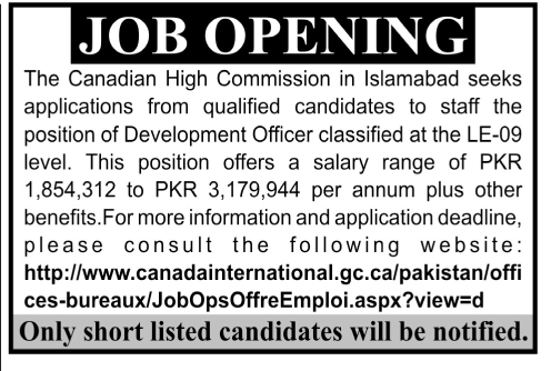 Canadian High Commission Requires Development Officer (Embassy Jobs) in